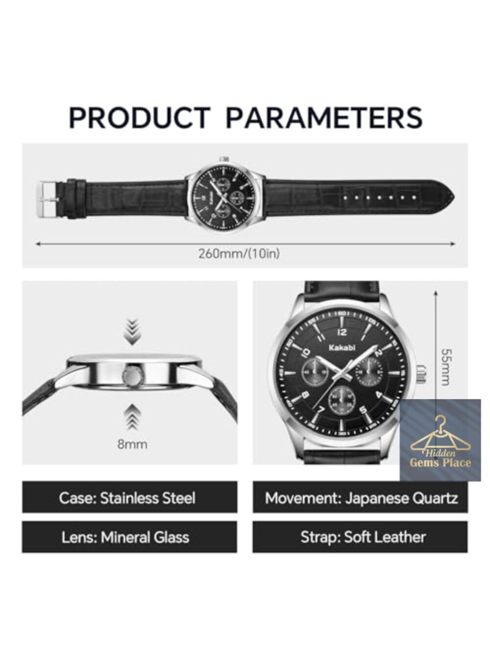 Men's 45mm Quartz Watch with Leather Strap - Picture 4 of 6